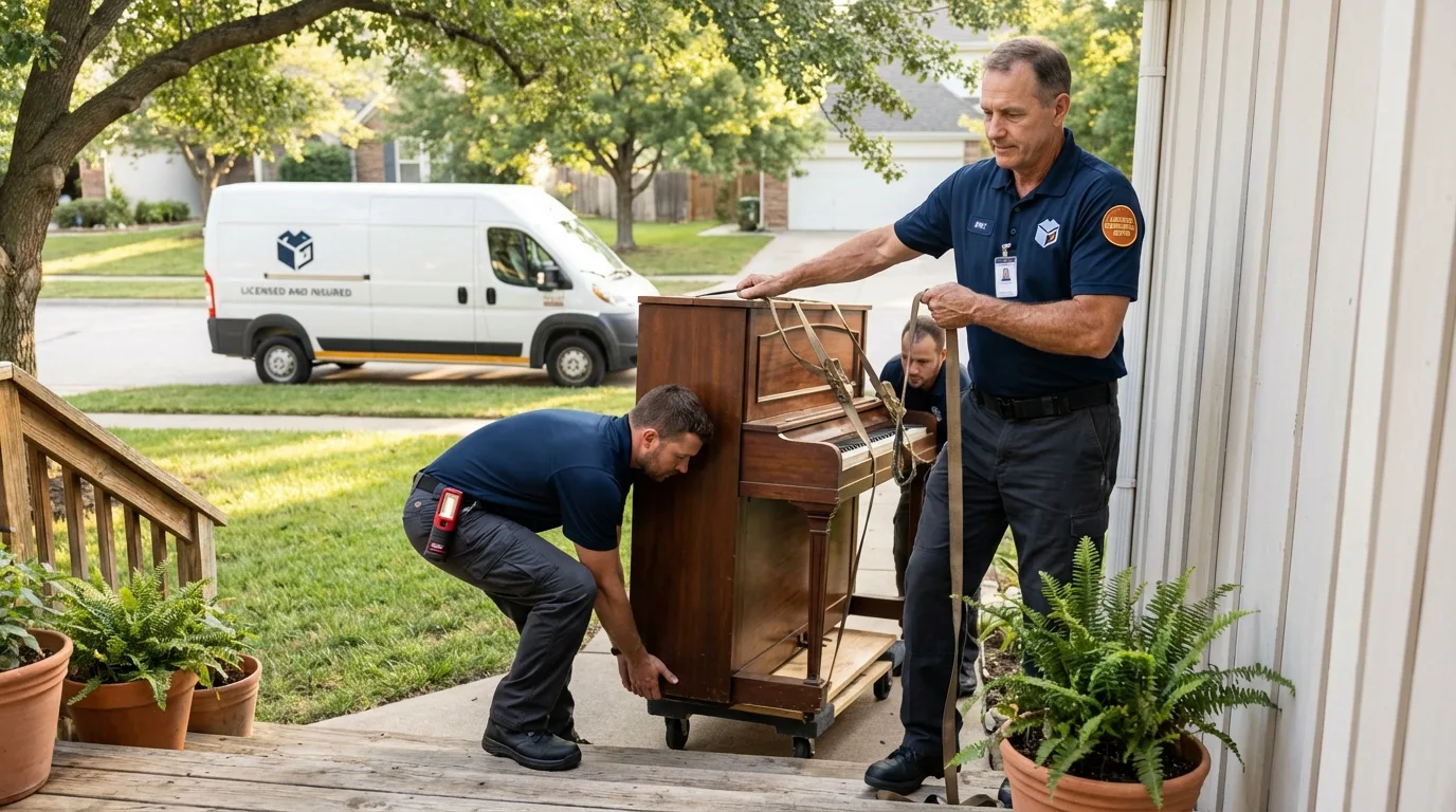 Licensed piano movers securing grand piano in Minneapolis, MN