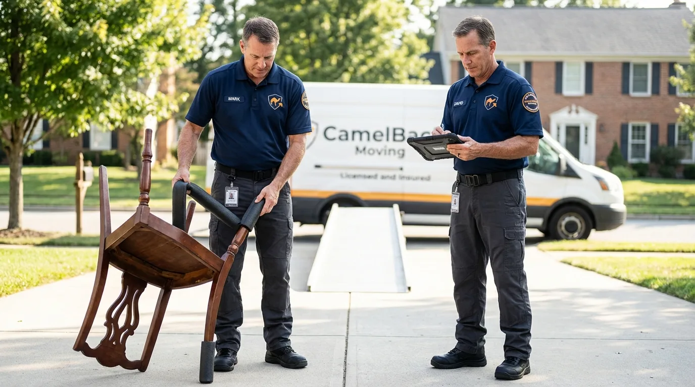 Movers inspecting furniture for damage prevention before loading in Minneapolis, MN