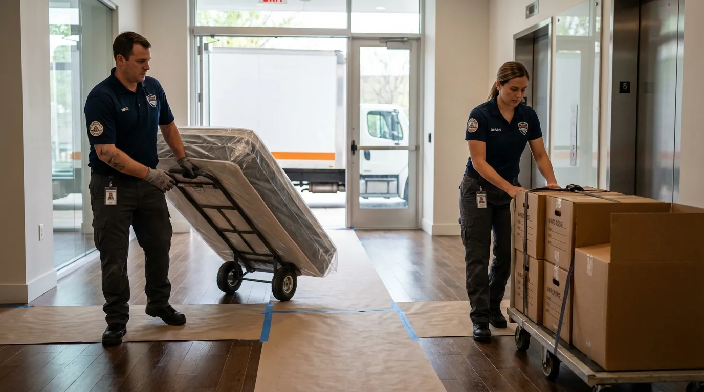 Professional apartment movers loading elevator in Minneapolis, MN
